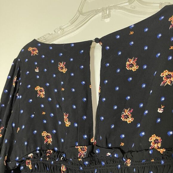 Free People Black Floral Star-Print Smocked long sleeve Mini Dress Size Small - Picture 7 of 7